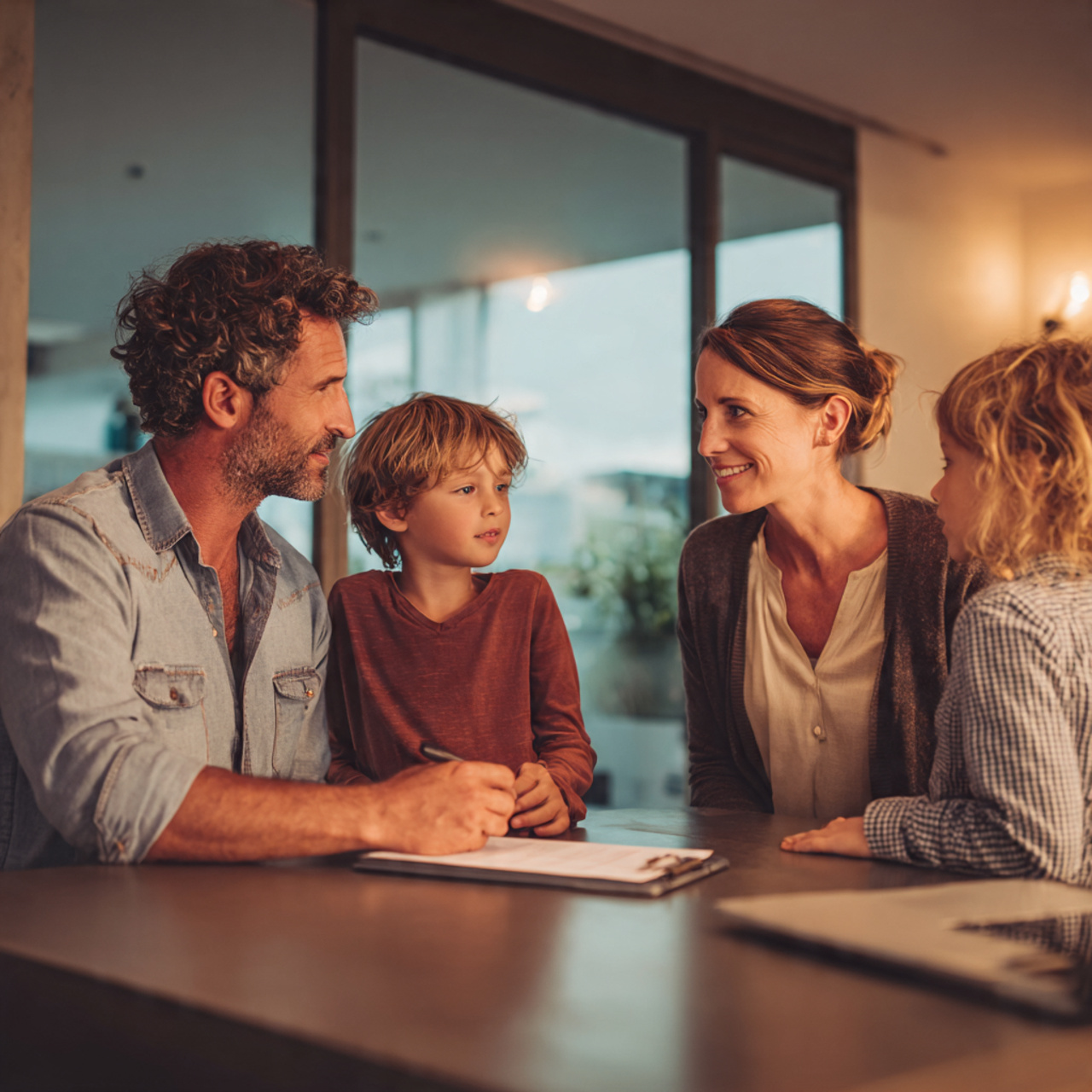 família analisando opções de plano de saúde com consultor