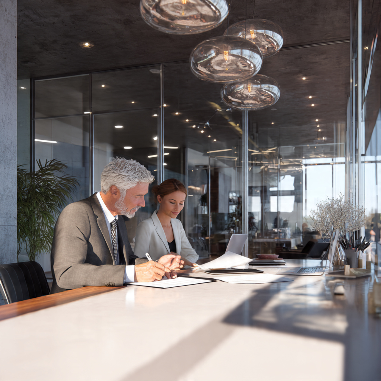 empresário analisando seguro empresarial com consultor