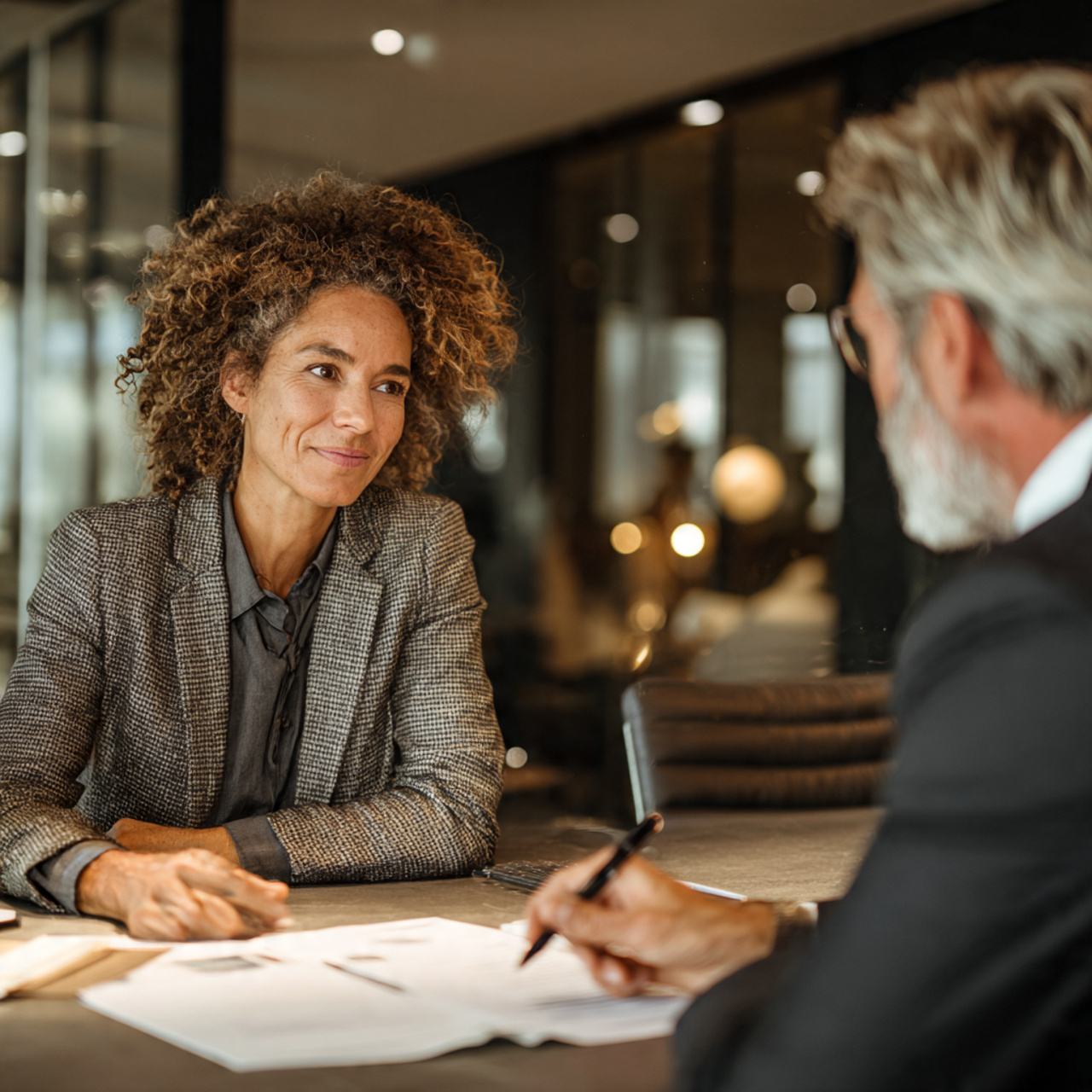 consultor de seguros explicando cobertura ideal para cliente em escritório